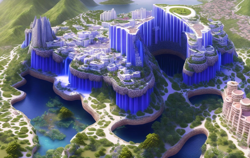 Fantastical city with waterfalls, terraced structures, and bridges in lush landscape