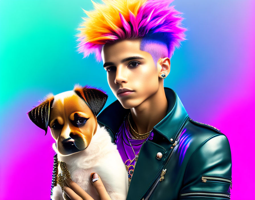 Colorful Mohawk Person with Matching Dog on Neon Background