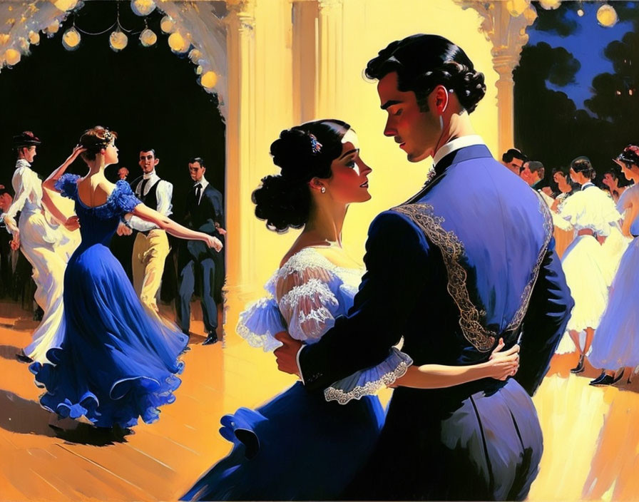 Sophisticated couple dancing in a ballroom with warm lights and blue shadows