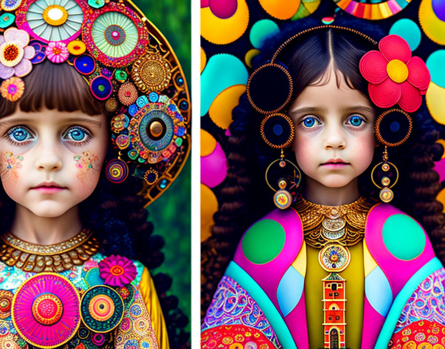 Colorful diptych featuring young girl with striking blue eyes in vibrant folk art attire.