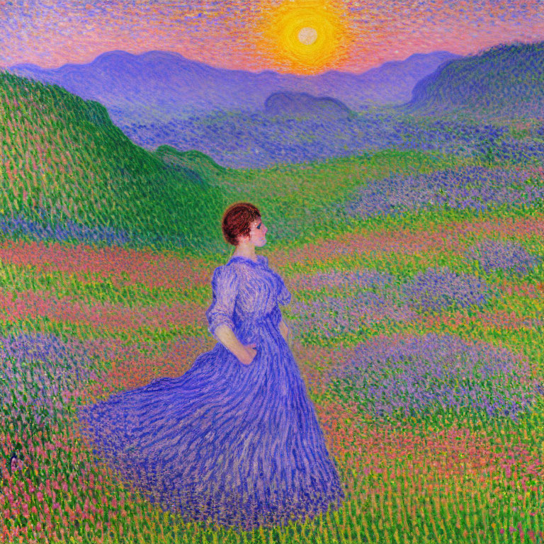 Woman in Blue Dress Standing in Vibrant Field at Sunset