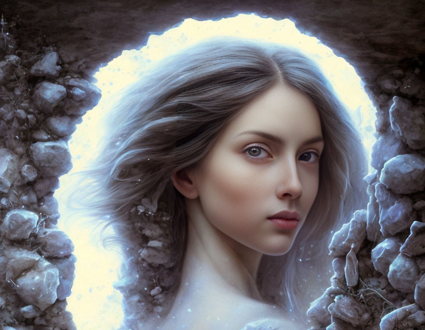 Fantasy-inspired portrait of a woman with glowing halo and rocky textures