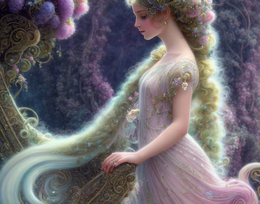 Ethereal woman with floral hairpiece in violet forest portrait.