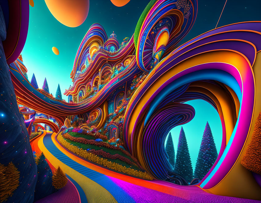 Colorful surreal landscape with swirling patterns and floating orbs under starry sky