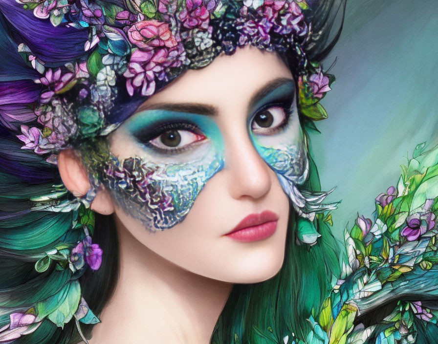 Woman with Vibrant Flower Petal Makeup and Botanical Headwear