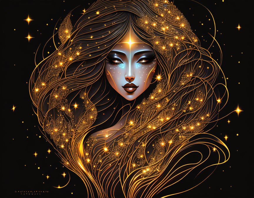 Golden-haired woman with stars on dark background