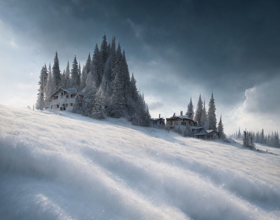 Snowy Landscape with Cluster of Houses and Frost-Covered Trees