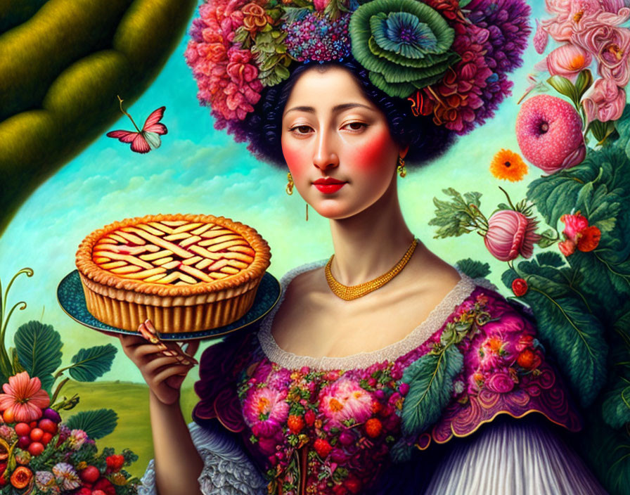 Vibrant portrait of a woman with pie and floral headpiece