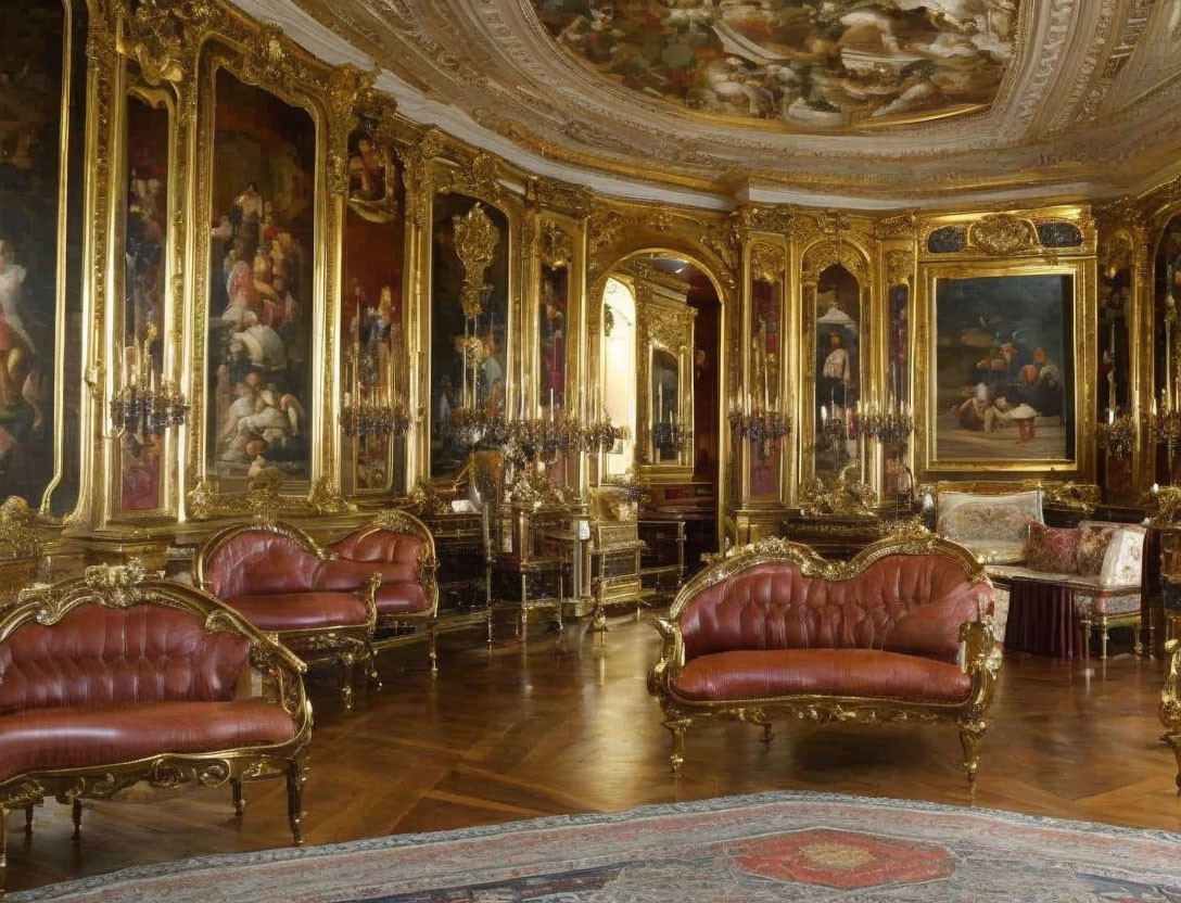 Luxurious Room with Gilded Walls, Ornate Mirrors, Red Sofas, Paintings,