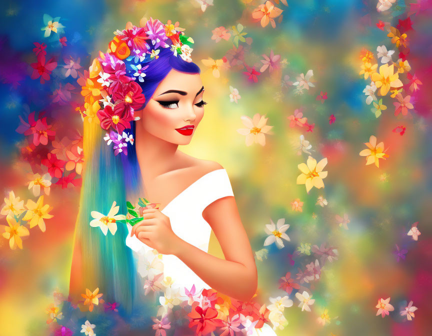 Colorful Illustration: Woman with Flowers in Hair on Floral Background