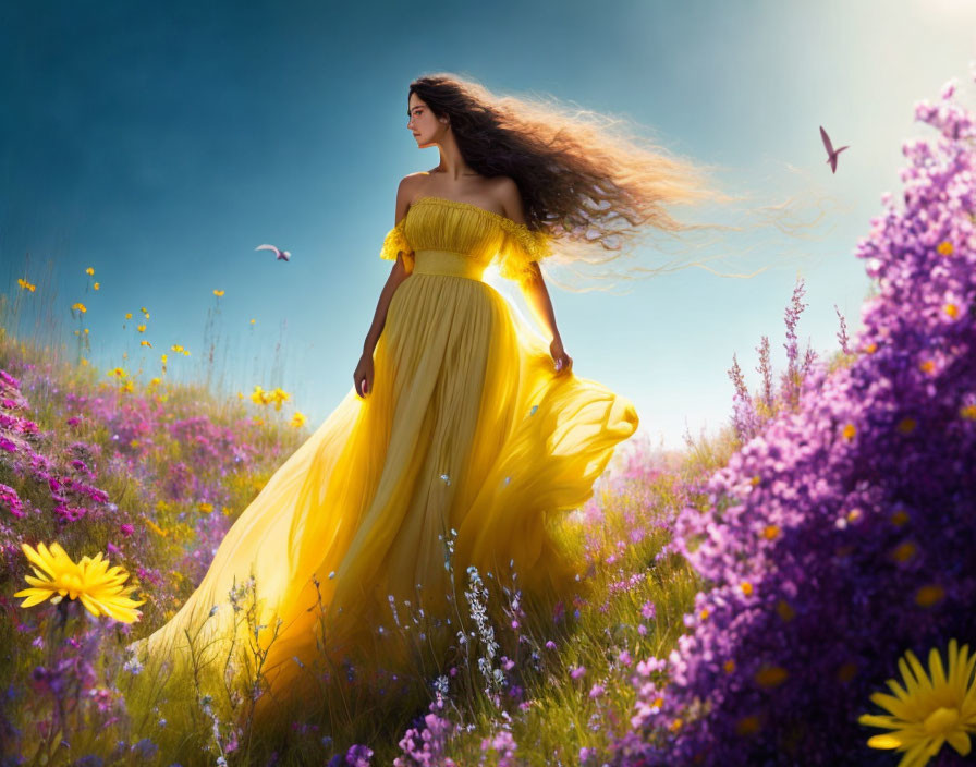 Woman in yellow dress surrounded by wildflowers and birds under blue sky