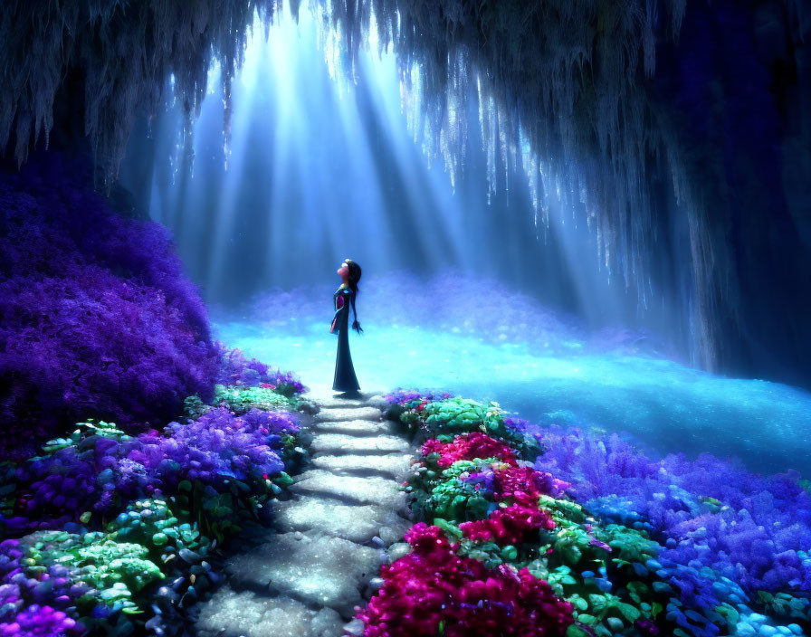 Vibrant fantasy cave with animated character and colorful flora