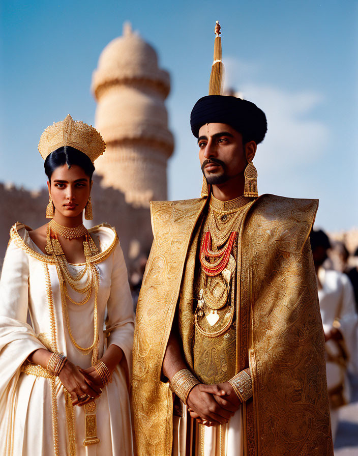 Regal individuals in ornate attire at historic structure