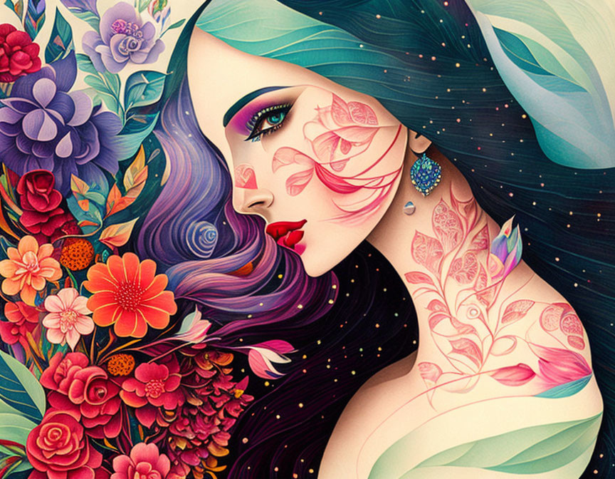 Colorful woman with patterned hair among vibrant flowers and mystical ambiance