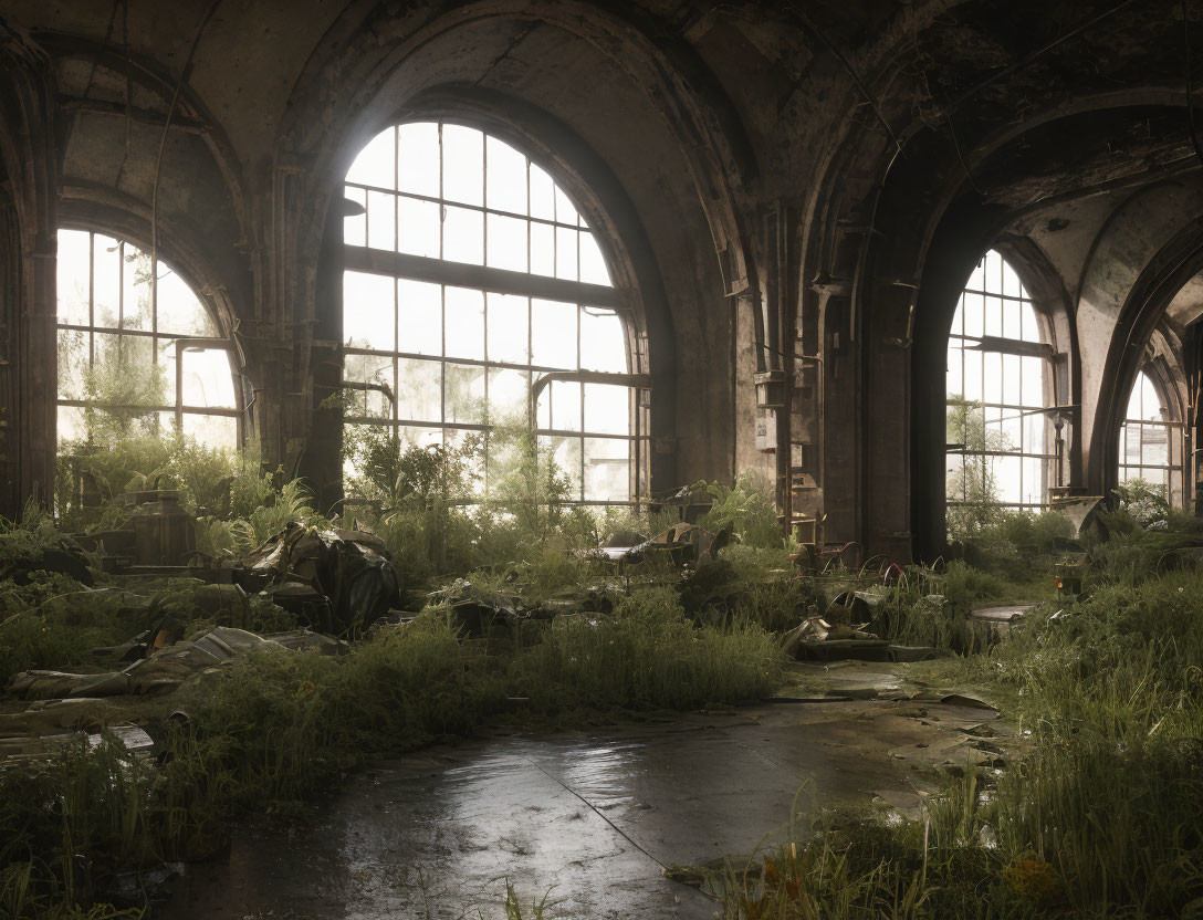 Abandoned building with overgrown plants and debris.