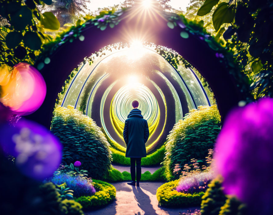 Vibrant Sunlit Topiary Tunnel with Circular Pattern