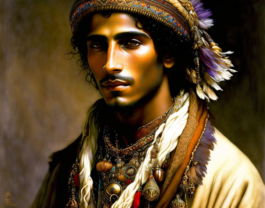 Man in Tribal Attire with Feathered Headdress