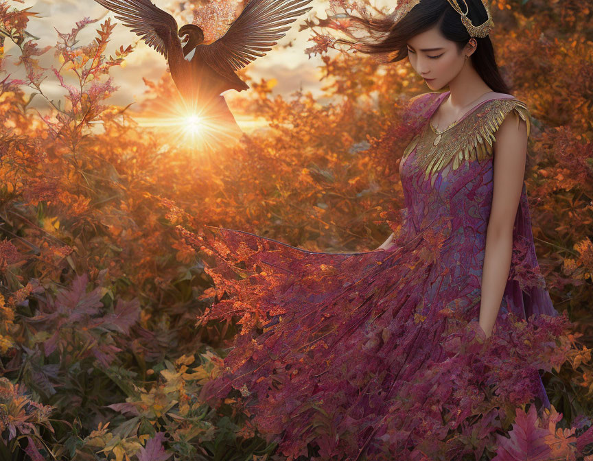 Woman in Elaborate Dress in Flower Field at Sunset with Flying Bird