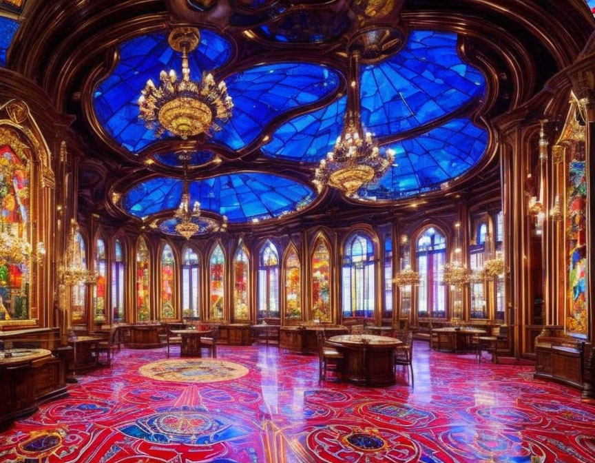 Luxurious room with blue stained-glass ceiling, golden chandeliers, wooden paneling, stained