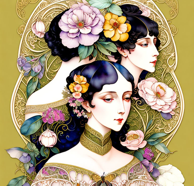 Stylized women with floral details on yellow background - Art Nouveau influence