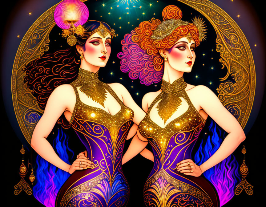 Symmetrical Art Nouveau Women with Gold Headpieces and Celestial Motifs