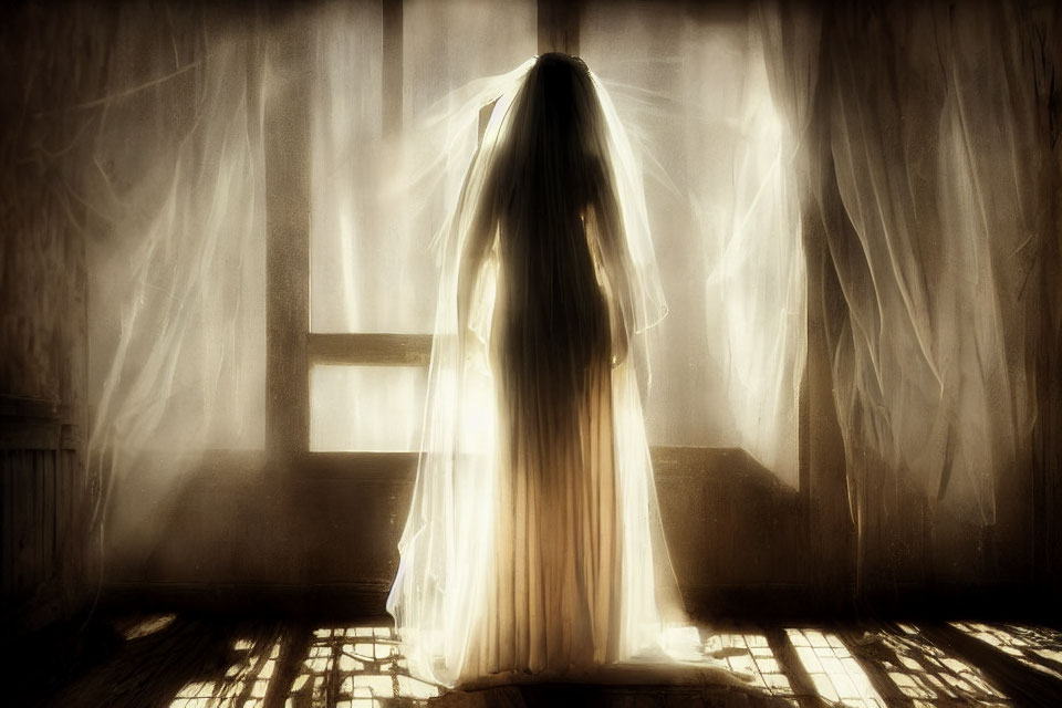 Long-haired figure in sheer garment by window with sunlight and curtains