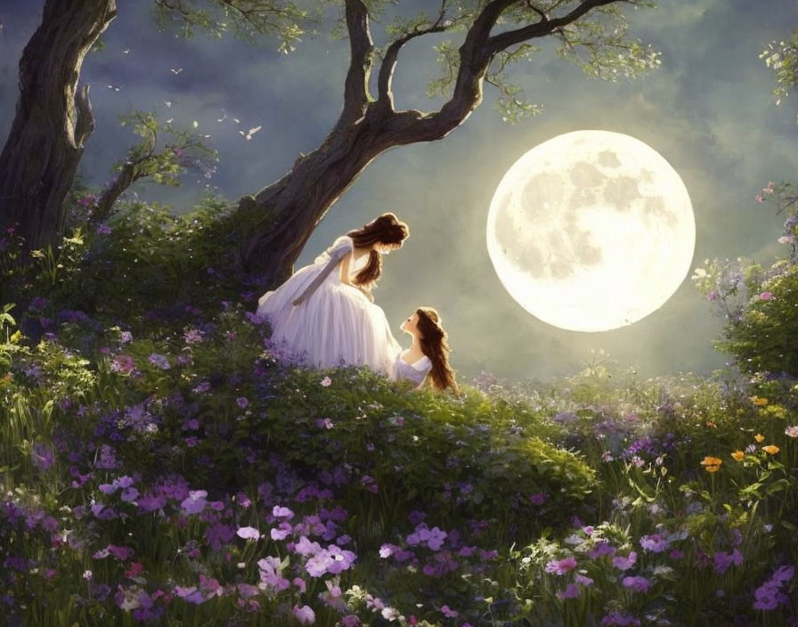 Woman and child in white dress under full moon in lush garden