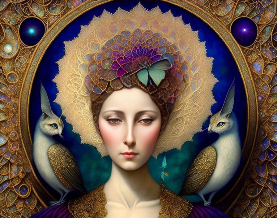 Digital artwork: Serene woman with peacock-like creatures in ornate setting