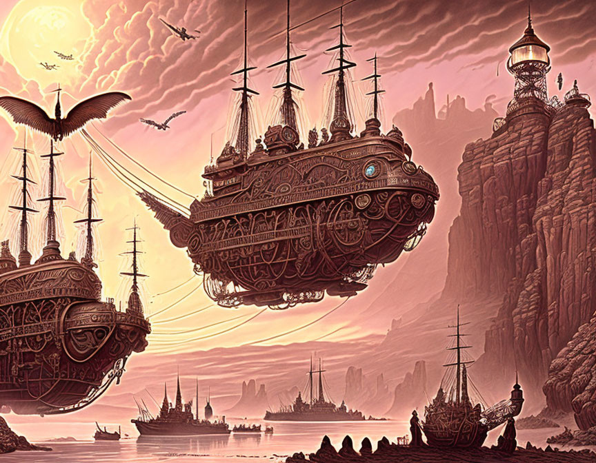 Fantastical illustration of flying ships over rocky landscape under pink sky