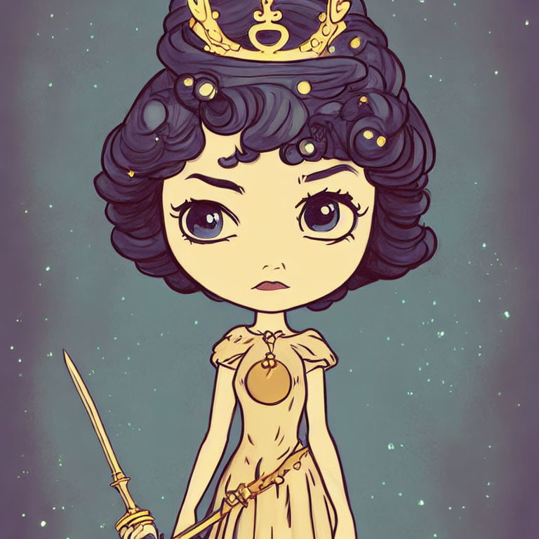 Stylized young queen with golden crown and starry background