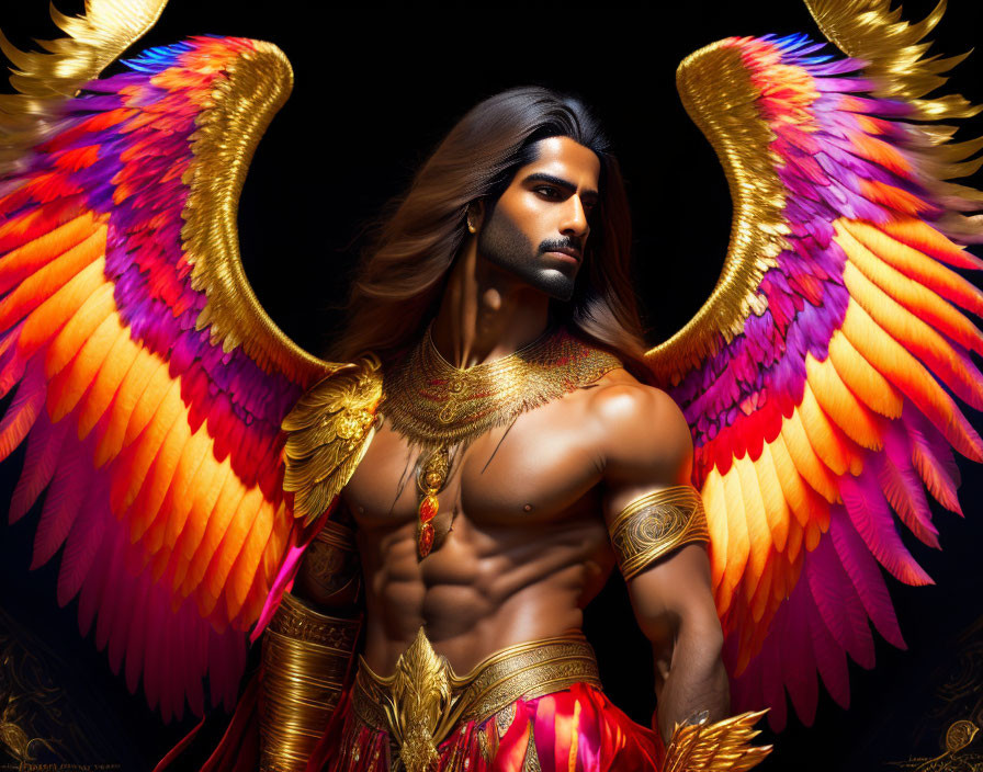 Long-haired man with golden necklace and ornate armbands, flanked by colorful angelic wings