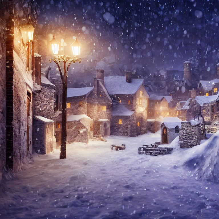 Snow-covered village at night with warm street lamps and falling snowflakes