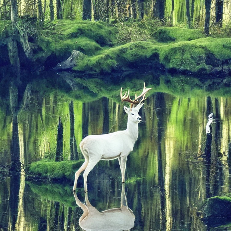 White deer by tranquil forest pond with moss-covered banks