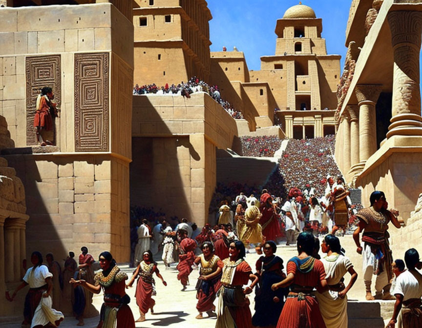 Ancient Egyptian scene with traditional garb, staircase, and sandstone architecture