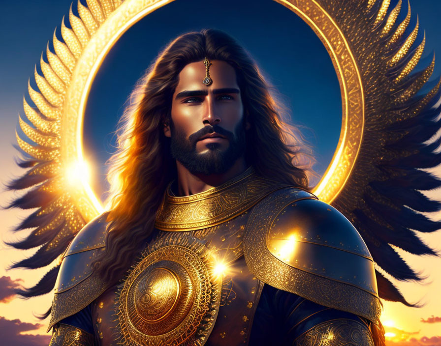 Illustration of man in golden armor with long hair and jewel, set against radiant wings