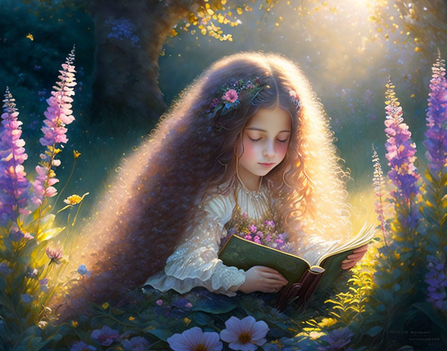 Young girl with long wavy hair reading book in sunlit forest clearing