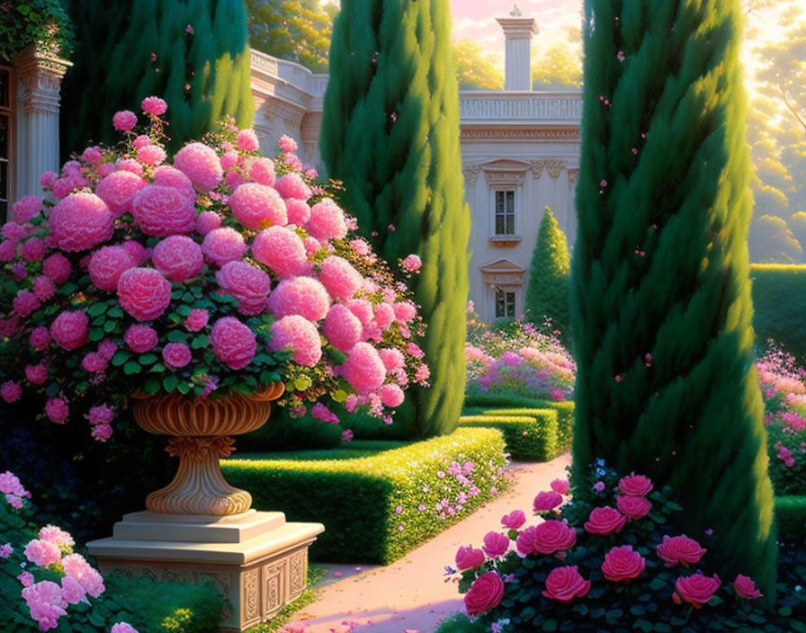 Tranquil garden with pink roses, cypress trees, and manor