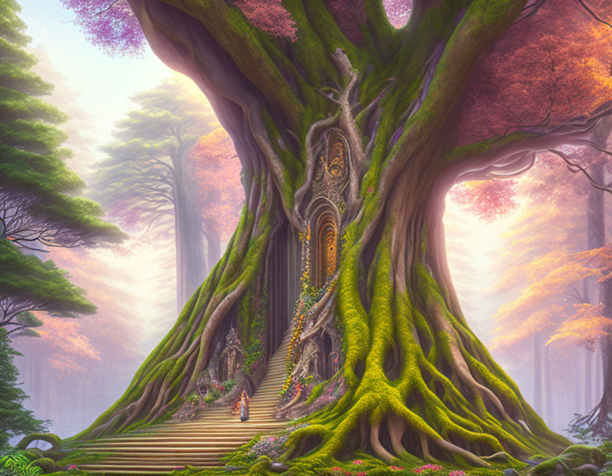 Majestic tree with ornate door in ethereal forest scene