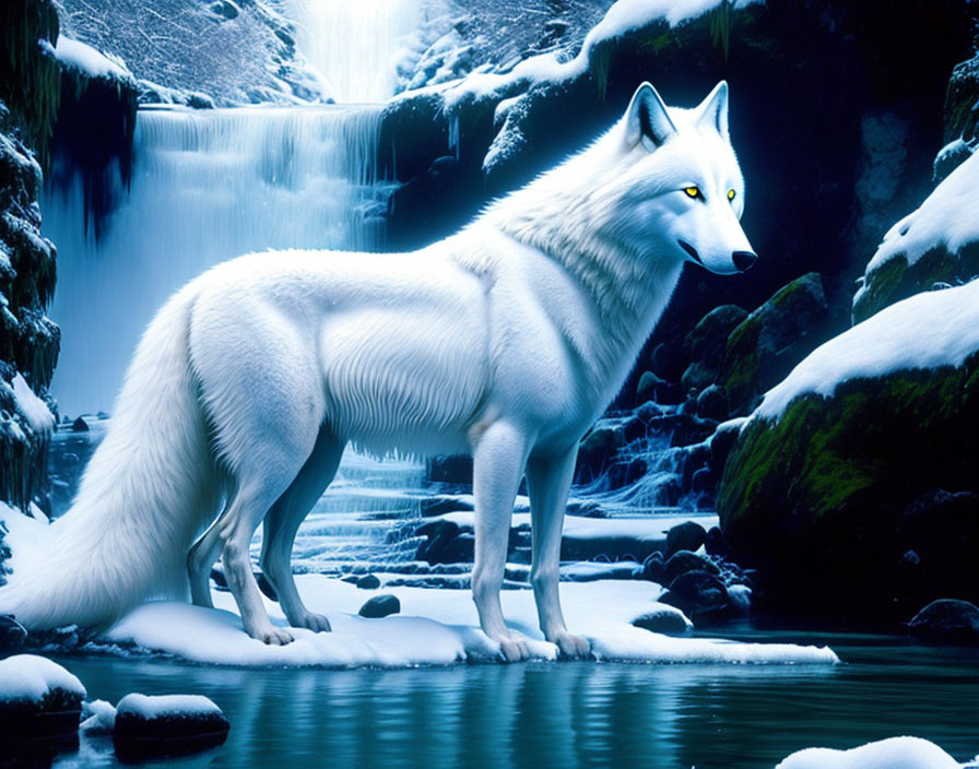 White Wolf by Frozen River and Waterfall