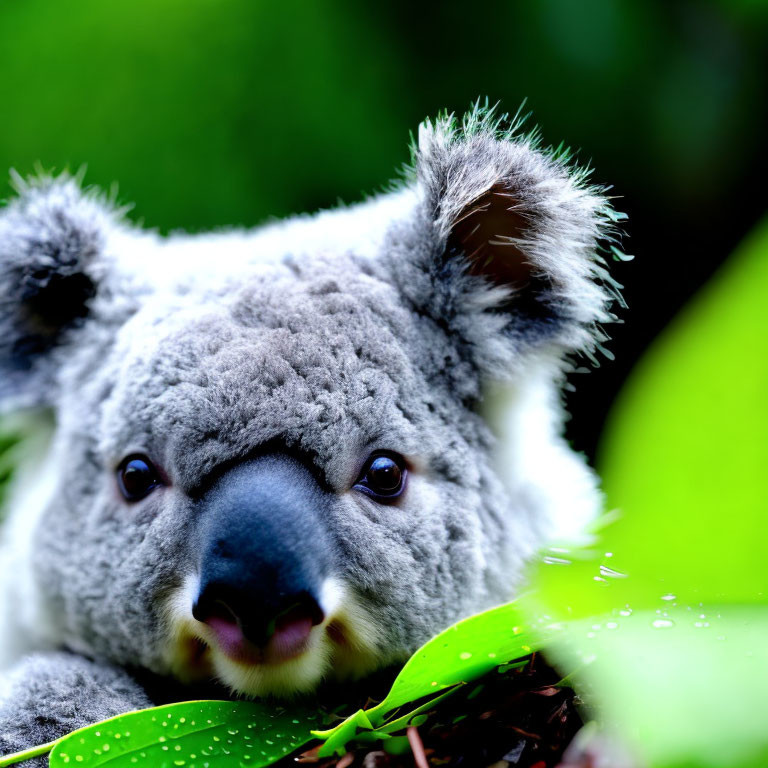 Close-Up of Koala's Face Peeking from Green Leaves