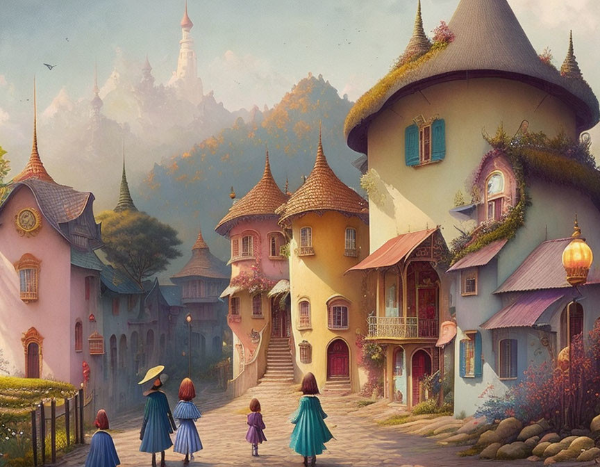 Illustration of four cloaked figures in fairytale village