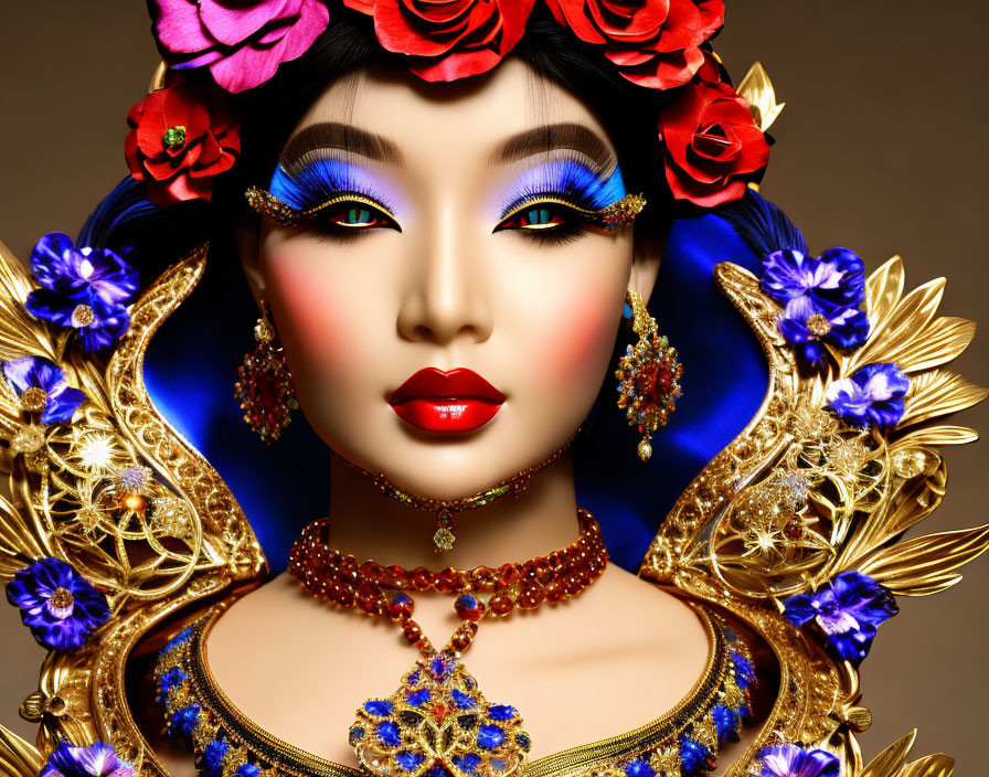 Portrait of a Woman with Dramatic Makeup and Colorful Flowers