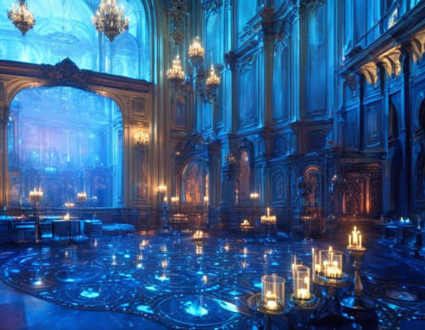 Luxurious Blue Ballroom with Grand Archways and Chandeliers