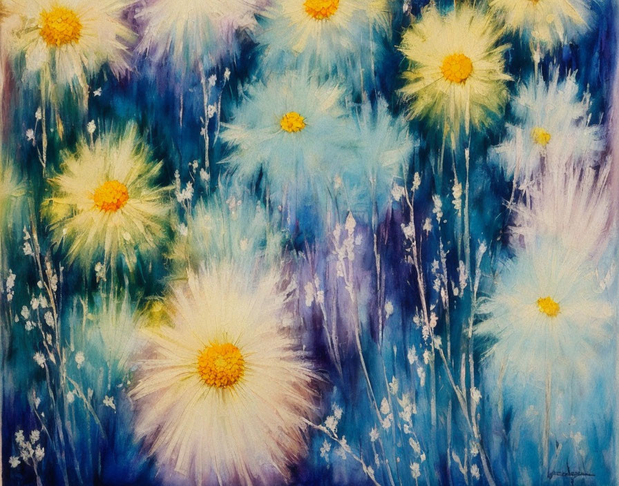 Vibrant abstract painting of dandelion-like flowers on blue and purple background