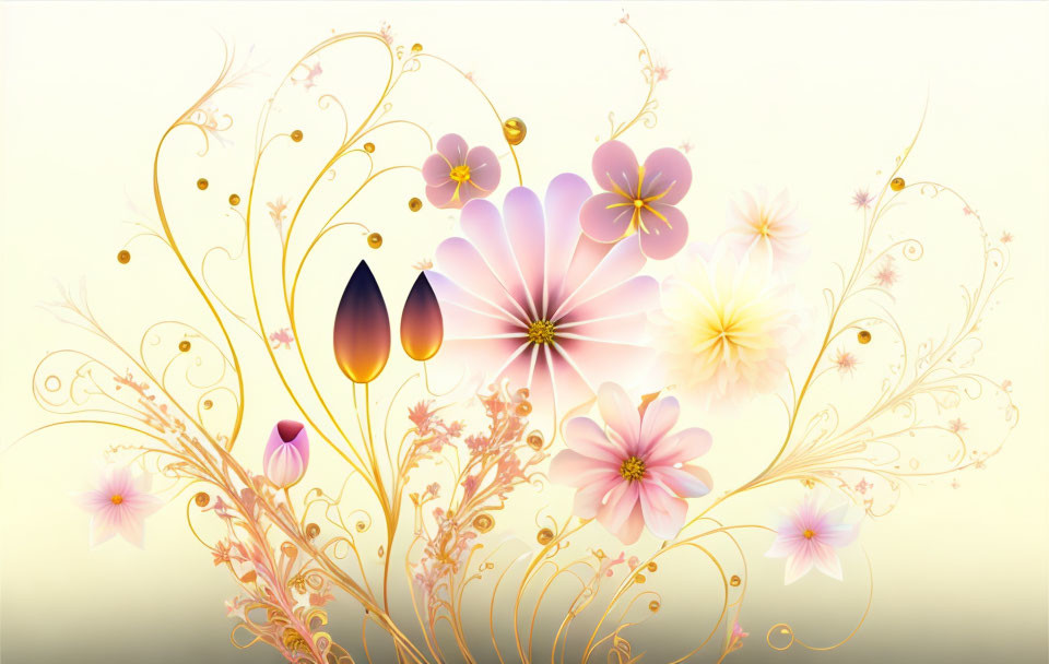 Stylized pastel flowers and golden swirls digital art piece