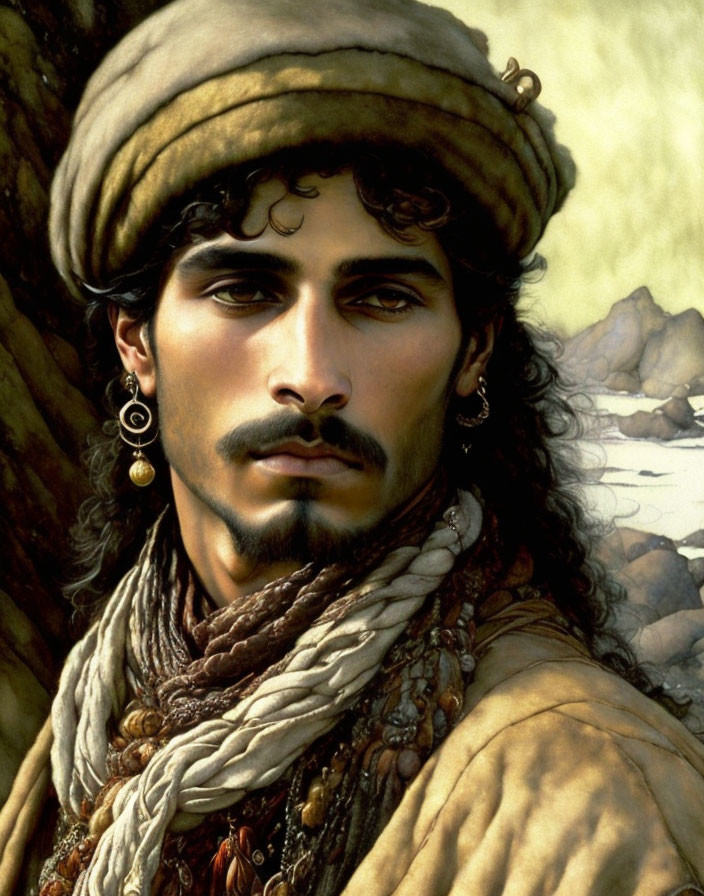 Detailed illustration of man with turban, earrings, intense eyes, desert background