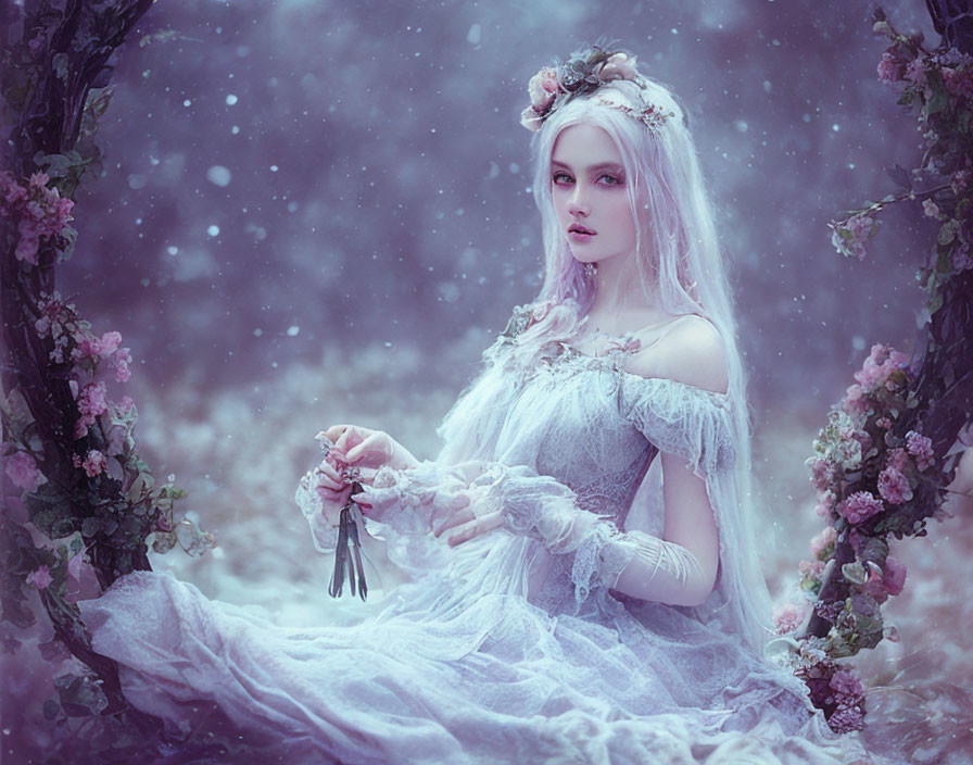 Woman in vintage white dress surrounded by snowy floral backdrop