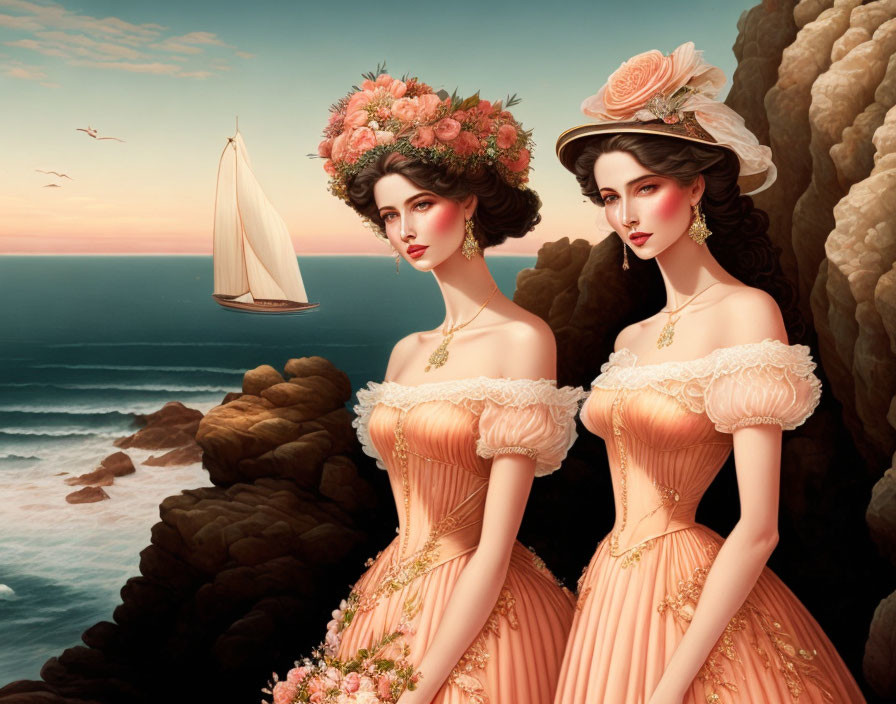 Two women in vintage peach dresses and floral hats by seaside cliff with sailboat in distance under golden sky