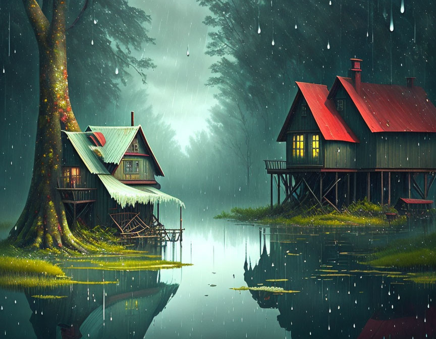 Quaint Houses with Red Roofs by Calm Lake in Rainy Setting