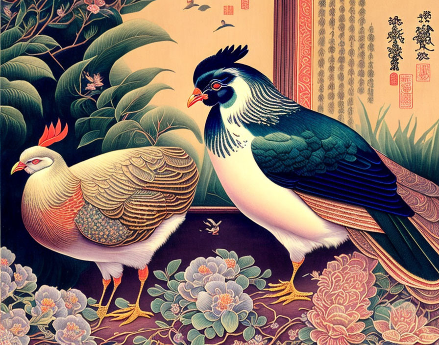 Colorful Asian Pheasants in Ornate Floral Scene